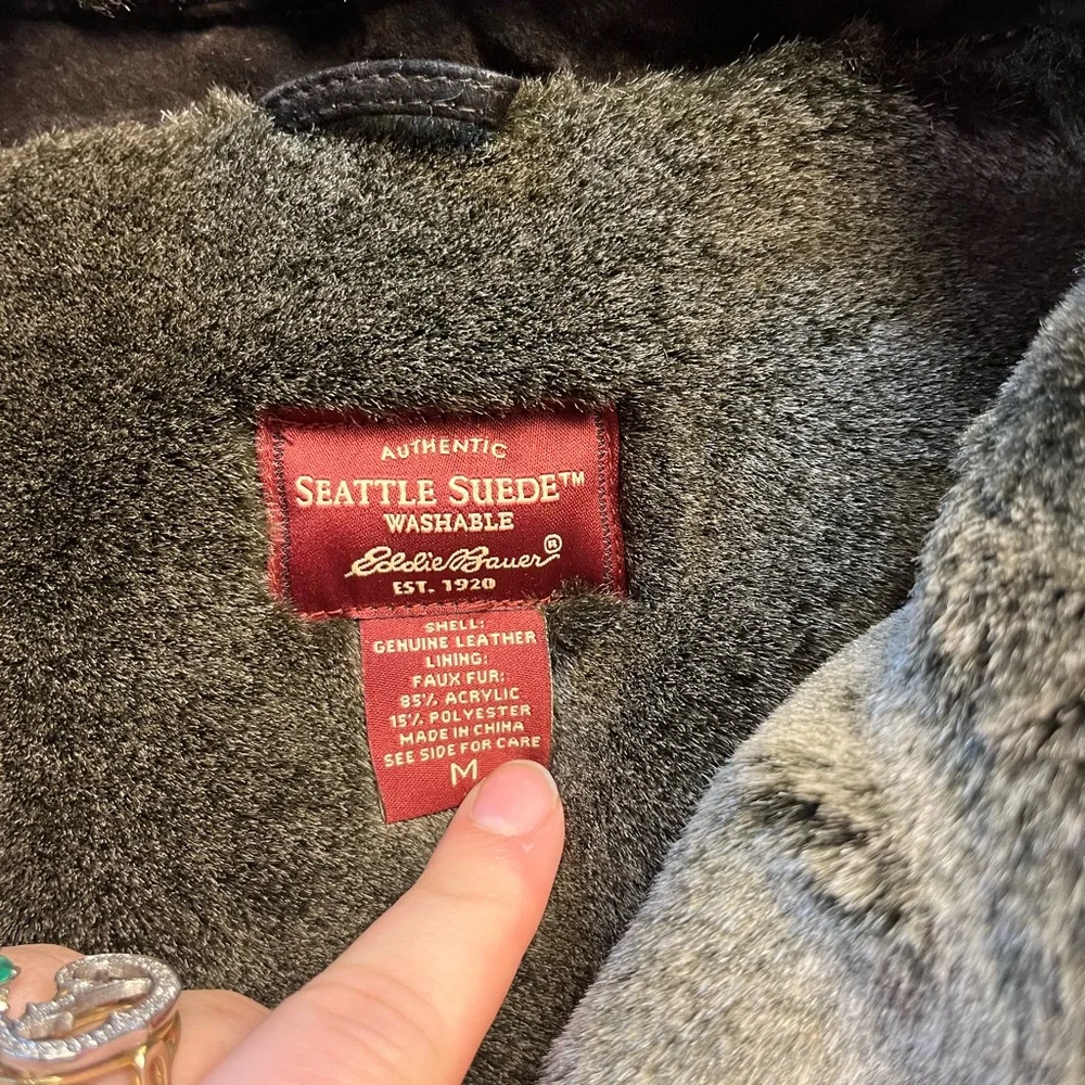 Eddie Bauer Suede Leather Vest Jacket Womens Medium‎ Brown Faux Fur Lined